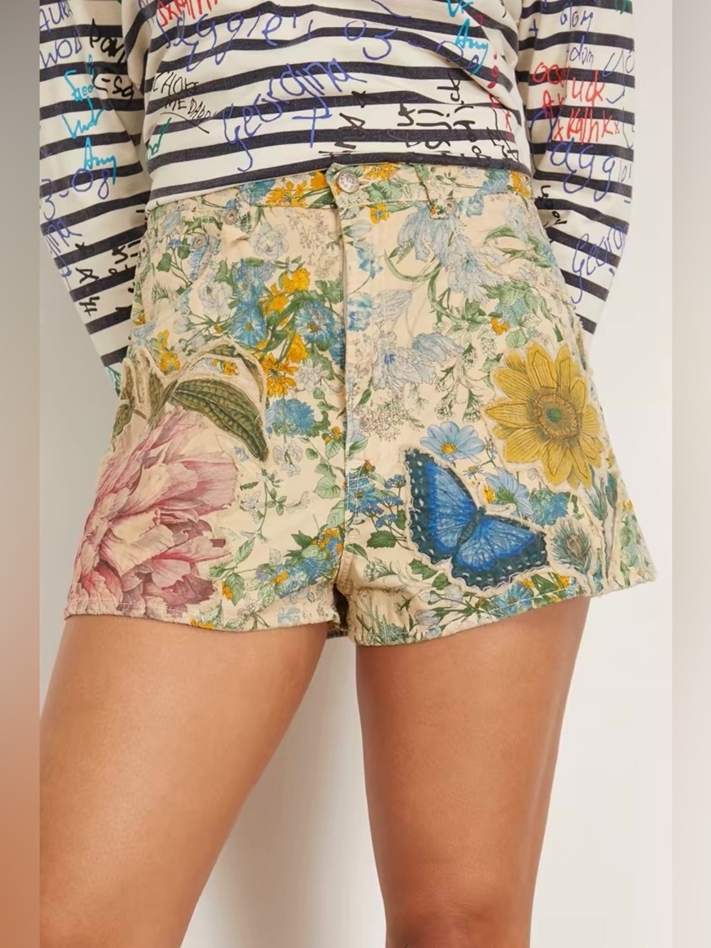 R13 Pastel Yellow Floral Applique Denim Short
